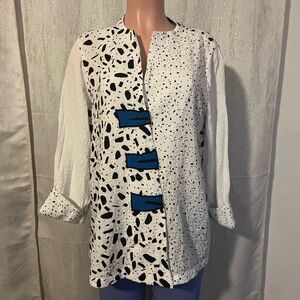 Ali Miles White and Black Abstract Blouse with Blue Accents